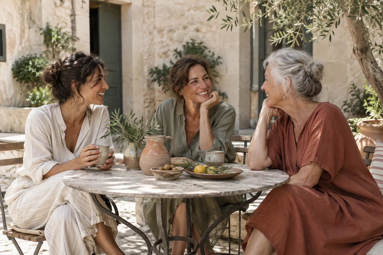 Three women sharing a relaxed conversation in a sunlit Mediterranean courtyard.