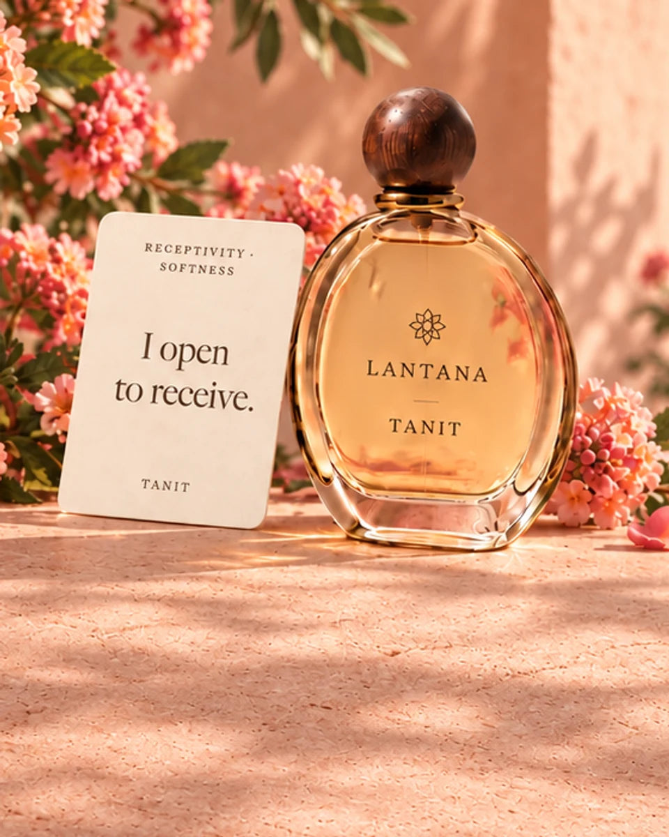 TANIT perfume bottle and its Receptivity and Softness intention card with coral lantana in a peach plaster courtyard.